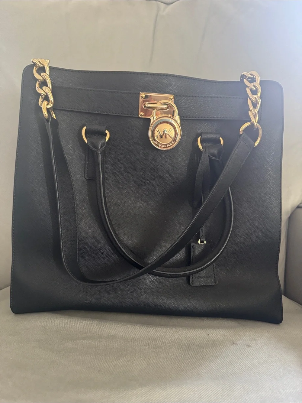 Michael Kors Black Leather Tote with Gold Chain Accents